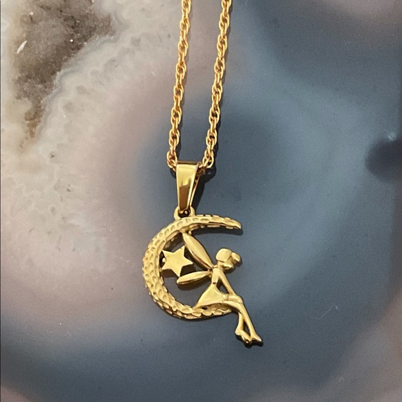 Gold fairy moon pendant necklace fantasy jewelry star tinker bell - Picture 2 of 8